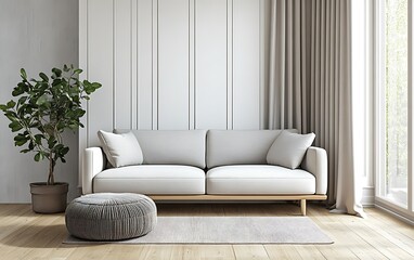 Minimalist living room interior with white sofa, plant, rug, and curtains.