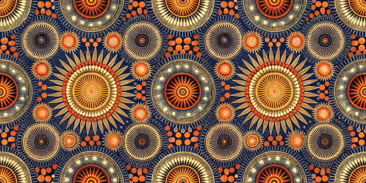 Intricate circular patterns in warm hues create a vibrant textile design.