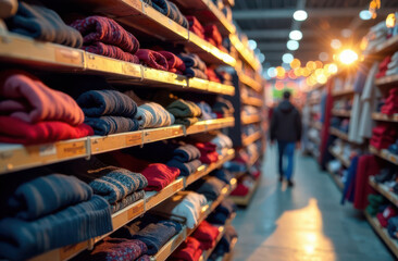 Fototapeta premium Clothing retail aisle with shelves of folded sweaters in warm lighting