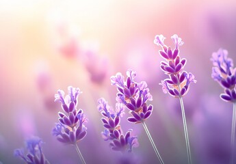 Obraz premium Closeup Lavender Flowers in Soft Sunlight, Purple Floral Blossoms, Nature Background