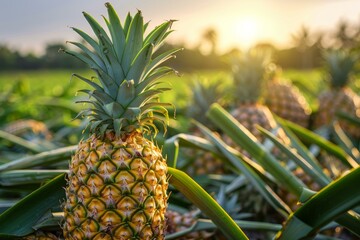 Fototapeta premium Ripe pineapple growing in a field, ready for harvest at sunset, creating a warm and inviting scene