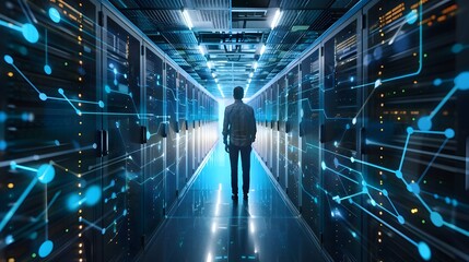 Person Standing in Server Room Surrounded by Digital Data Streams