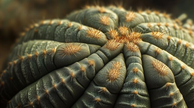 A close-up shot of a single cactus, highlighting its unique features. The cactus's spines are arranged in a radial pattern, creating a visually striking image. 