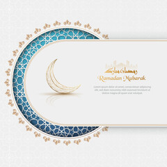 islamic greeting ramadan mubarak card with crescent and luxury islamic decorative ornament background