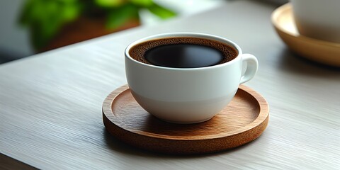 Obraz premium High angle shot of black coffee on a wooden coaster, placed on a light grey matte table. The scene is minimal, clean, and balanced, with diffused light and ample space for text or design elements.