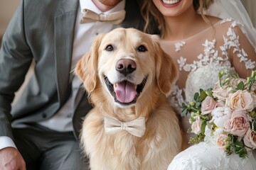 Happy Golden Retriever Dog Wearing Bow Tie Poses with Newlyweds at Wedding Ceremony Surrounded by Beautiful Flower Bouquet in Indoor Venue