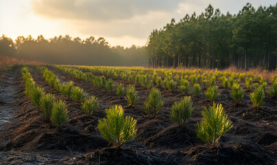 A serene landscape of young pine trees growing in rows under a sunset sky.