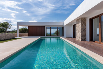 Fototapeta premium A sleek and modern luxury villa featuring a turquoise swimming pool, stone accents, and large windows overlooking lush greenery and an ocean view