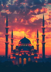 Fototapeta premium mosque at sunset, with minarets and domes adorned with Eid decorations.