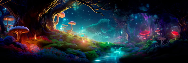 Obraz premium mystique of an enchanted forest with a gradient background transitioning from shadowy greens to vibrant, magical colors.