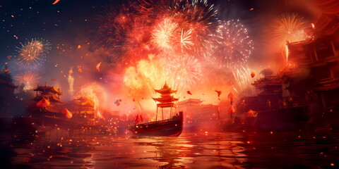 firecracker display, symbolizing the banishment of evil spirits and the welcome of a prosperous year.