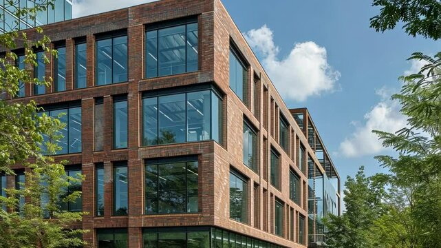 Sunlight casting warm glow on modern office building featuring brick facade and expansive glass windows, nestled among verdant trees beneath cloudless azure sky