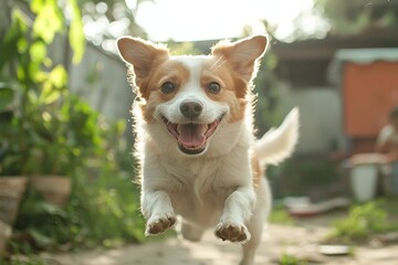Happy Curious Dog Leaping Joyfully Through Green Garden Path Amidst Nature's Beauty and Playful Spirit, Capturing Essence of Canine Delight and Freedom