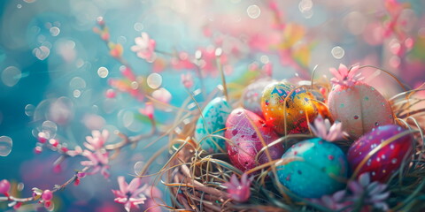 Easter Monday scenes with whimsical decorations and colorful Easter baskets and bunnies.