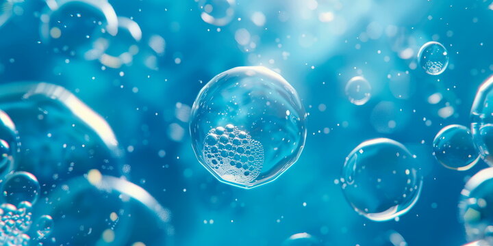 A serene blue background with detergent foam bubbles floating lazily, surrounded by soft, wispy soap suds.