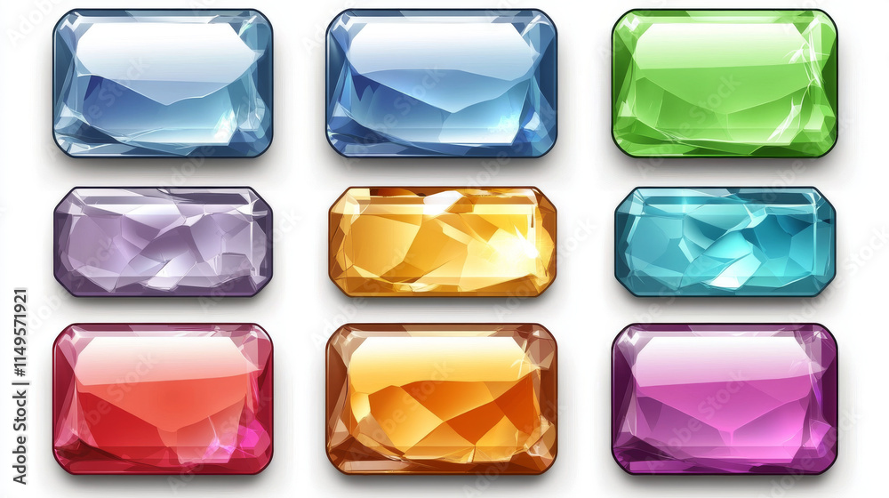 Poster glass color rectangular buttons for game or mobile app interface design. vector cartoon set of blank