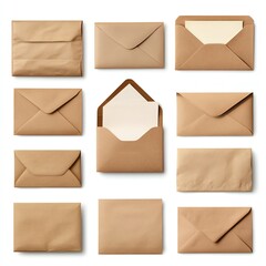 A collection of nine brown paper envelopes in different positions, some with a blank card inside, isolated on a white background.