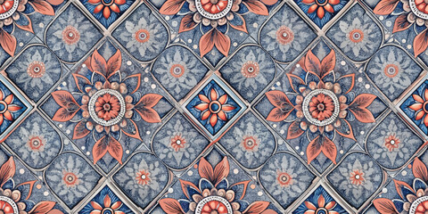Intricate floral pattern design in blue and coral tones.