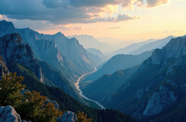 Fototapeta premium Majestic mountain range at sunset with serene river valley view