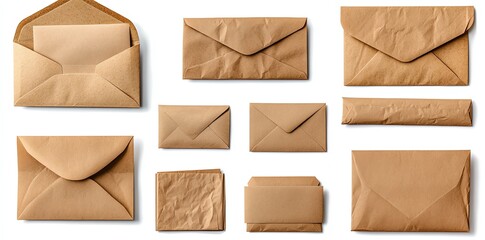 A collection of nine brown paper envelopes of different sizes, some with visible creases, isolated on white background.