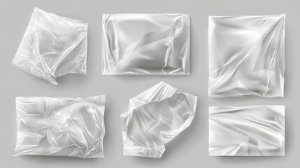 Vinyl transparent wrap film for packaging with overlay effect. Whole with wrinkles and folds and torn square plastic cover. Realistic vector illustration set of cellophane or polythene wrapper mockup.
