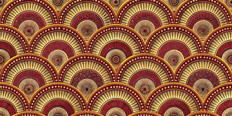 Fototapeta premium Vibrant red and gold fan pattern creating a luxurious and decorative texture.