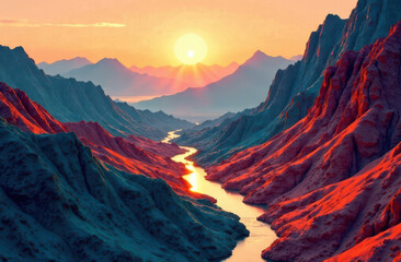 Vivid sunset over dramatic mountain landscape with serene river view
