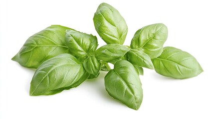 Stunning Close-Up of Fresh Basil Leaves Isolated on a White Background, Highlighting the Delicate Green Textures and Aroma of This Culinary Herb.