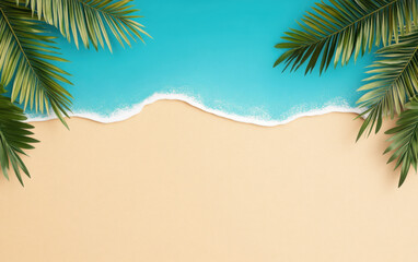 Fototapeta premium creative summer background showcasing beach scene with turquoise water, golden sand, and lush palm leaves. Perfect for vacation vibes