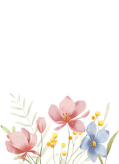 Watercolor flowers, floral background, frame, border for greeting card, invitation, poster and other printing design. Isolated on white background. Hand drawing.