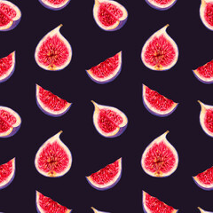 Seamless pattern of fig slices on purple background. Botanical illustration with watercolor and markers. Hand drawn isolated art. Tropical berry wallpaper. For packaging, fabric, wallpaper, apron