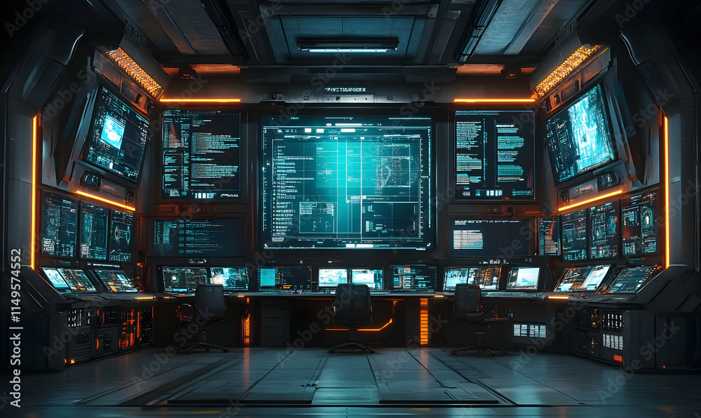 Poster futuristic control room with multiple screens displaying data and analytics.