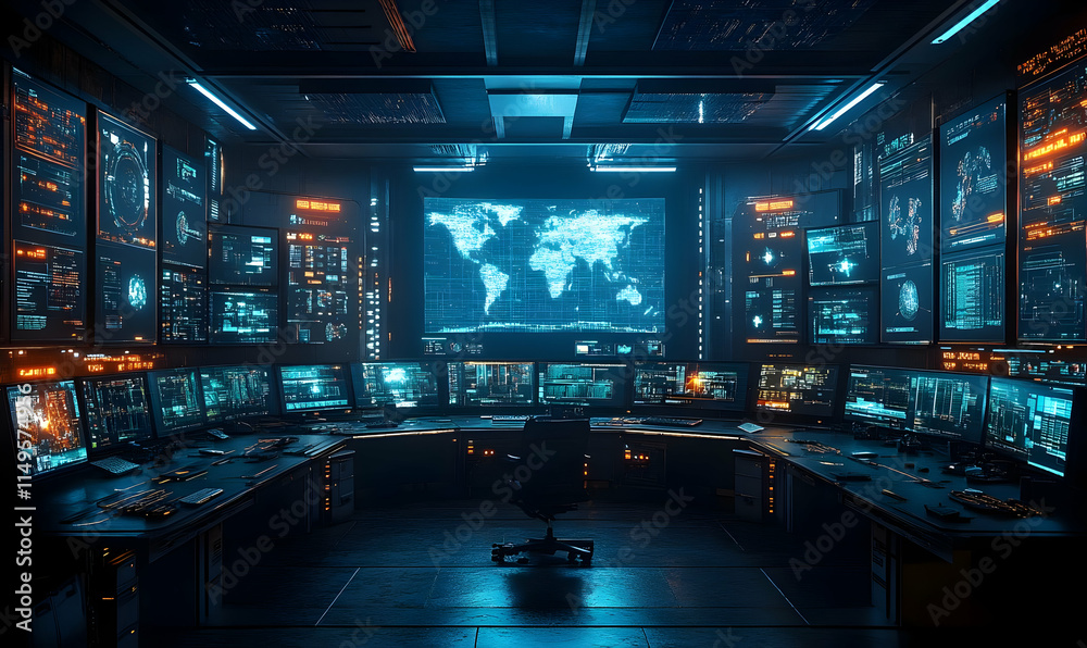 Poster a high-tech control room with multiple screens displaying data and maps.