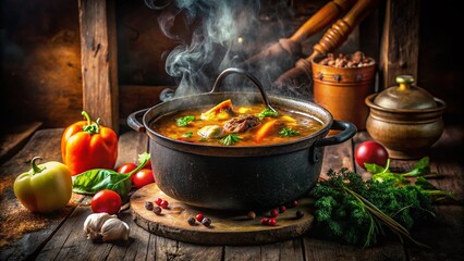 Rustic Still Life: Chicken Bone Broth Simmering in Cast Iron Pot