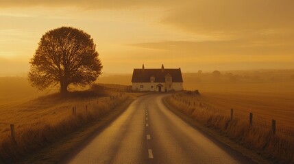 Fototapeta premium Peaceful Countryside Road Leading to Farmhouse at Dusk