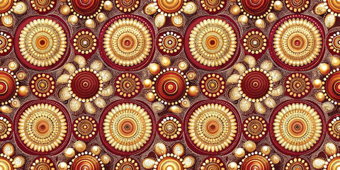 Fototapeta premium Vibrant golden and red circular patterns on a rich background.