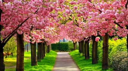 Naklejka premium Serene Trail Surrounded by Blossoming Trees and Greenery