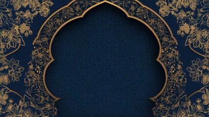 A decorative background featuring intricate gold floral designs on a dark blue canvas, framed by an ornate arch shape.