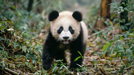 Fototapeta premium Adorable Young Panda Cub Exploring Bamboo Forest in Nature