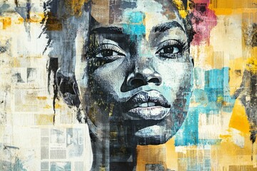 Fototapeta premium Urban creative artwork featuring dreamy african woman in graffiti and mixed media collage