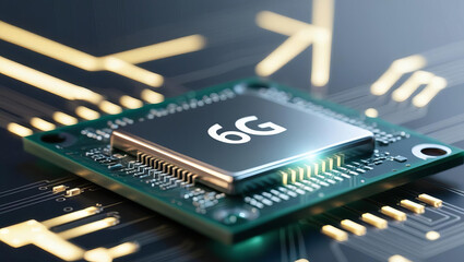 6G technology microchip on circuit board, representing advanced communication. intricate design showcases innovation and future connectivity