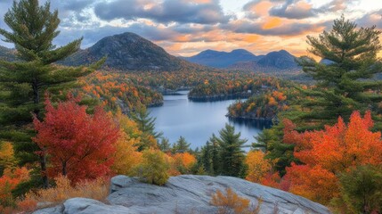 Obraz premium Scenic autumn landscape overlooking a winding lake nestled amongst colorful foliage and mountains at sunset.