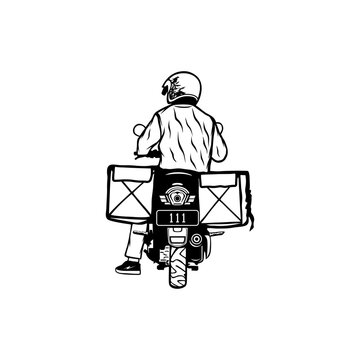 recommend clip art: package delivery motorcycle rider rear view black and white vector line art