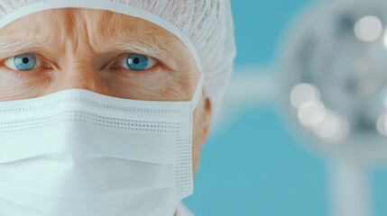 Elderly surgeon with piercing blue eyes and deep wrinkles, wearing surgical mask and cap, exuding professionalism and experience in medical environment