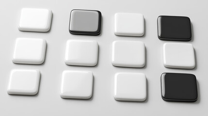 Square pin button mockups set isolated on background. Vector realistic illustration of blank badge front and back view with empty space for branding, fashion accessory, corporate promo souvenir