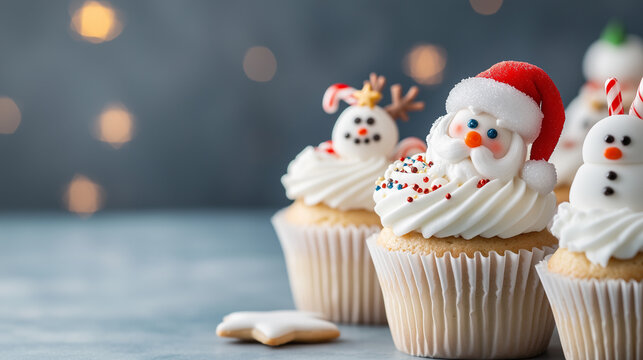 Festive cupcakes decorated as Santa, snowmen, and reindeer