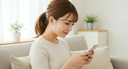 Modern Japanese Woman Using a Smartphone at Home: A Cozy Scene of Relaxation and Connection