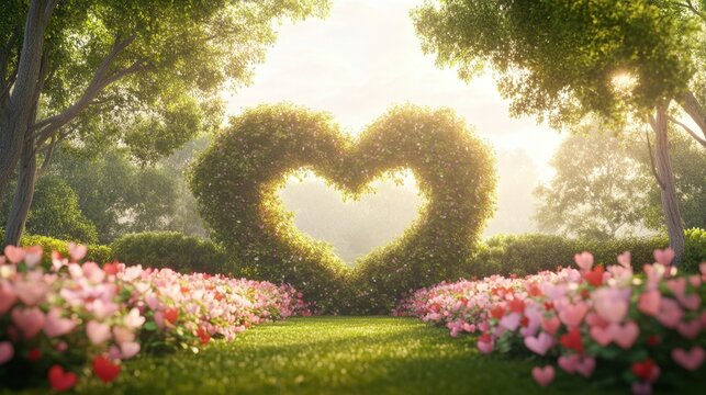 A serene garden scene features a heart-shaped hedge surrounded by colorful flowers, illuminated by soft sunlight, creating a romantic atmosphere.