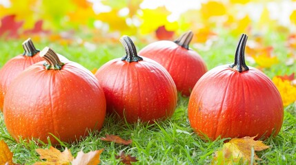 Five Orange Pumpkins on Green Grass with Autumn Leaves