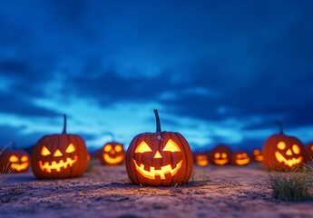 Obraz premium Spooky Halloween Jack-o'-lanterns in Field at Dusk